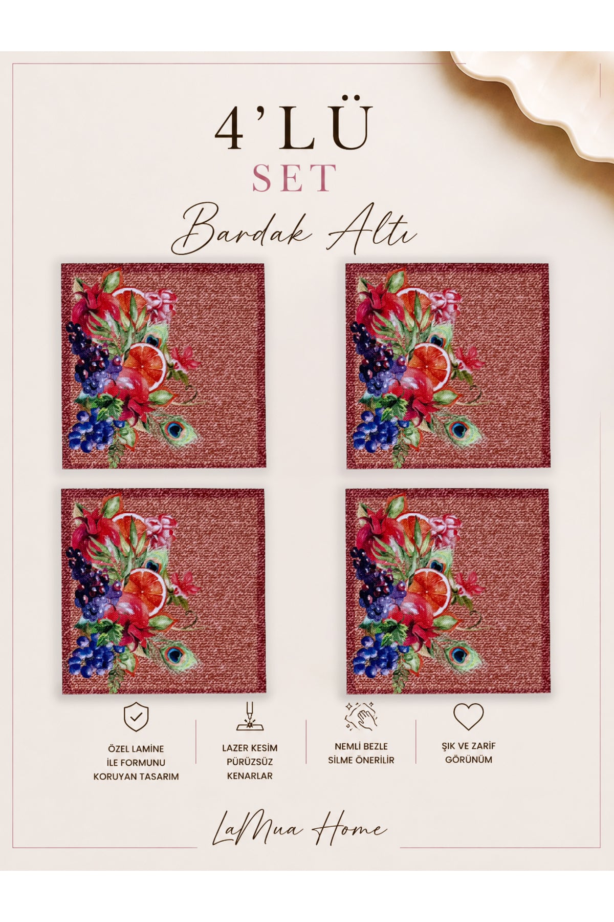 Rio Tavus Kuşu ve Meyve Desenli 4 Lü Bardak Altlığı Set 15 x 15 cm -Lazer Kesim