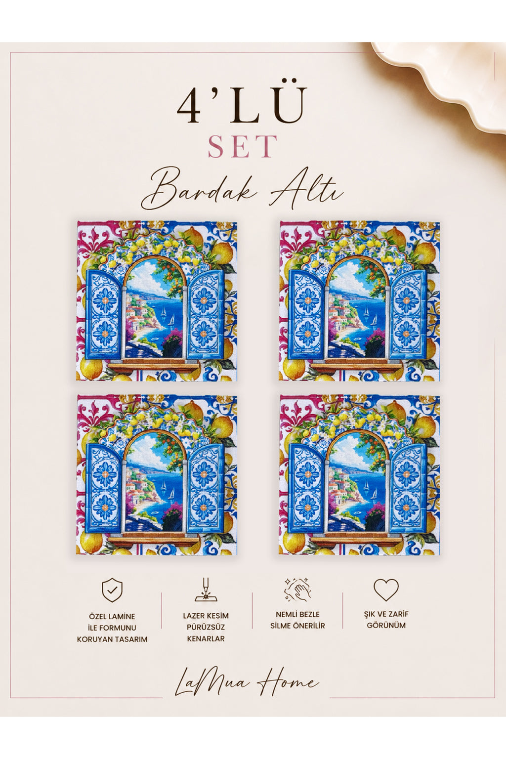 Amalfi Limon ve Pencere Desenli 4 Lü Bardak Altlığı Set 15 x 15 cm -Lazer Kesim