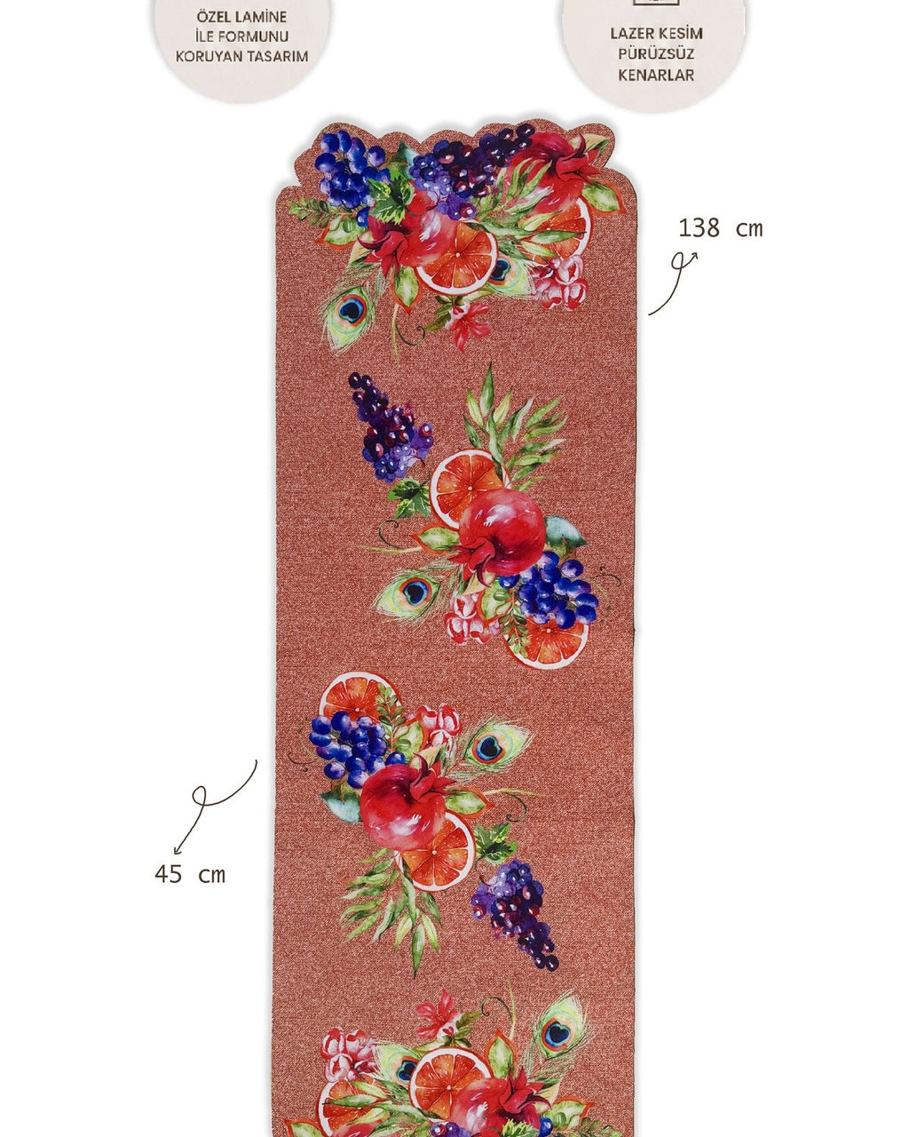 Lamineli Cut Runner, Lazer Kesim – Rio Tavus Kuşu ve Meyve Desenli
