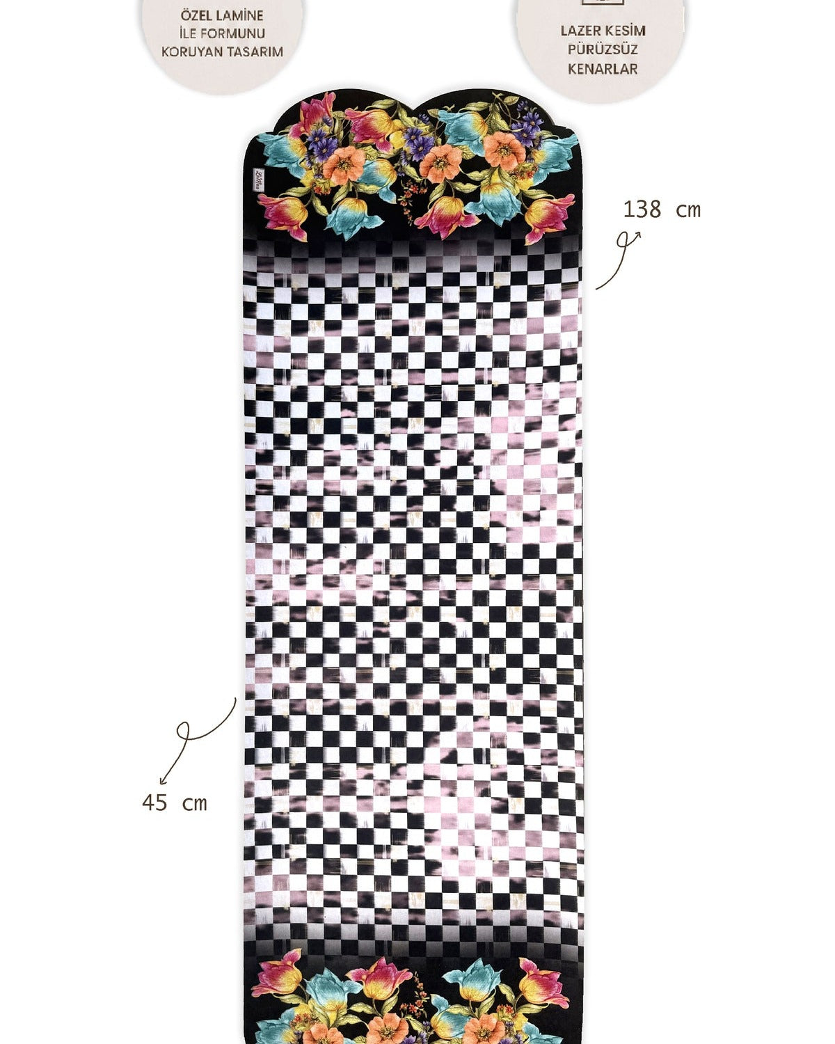Lamineli Cut Runner, Lazer Kesim – Dama Kareli Çiçek Desenli