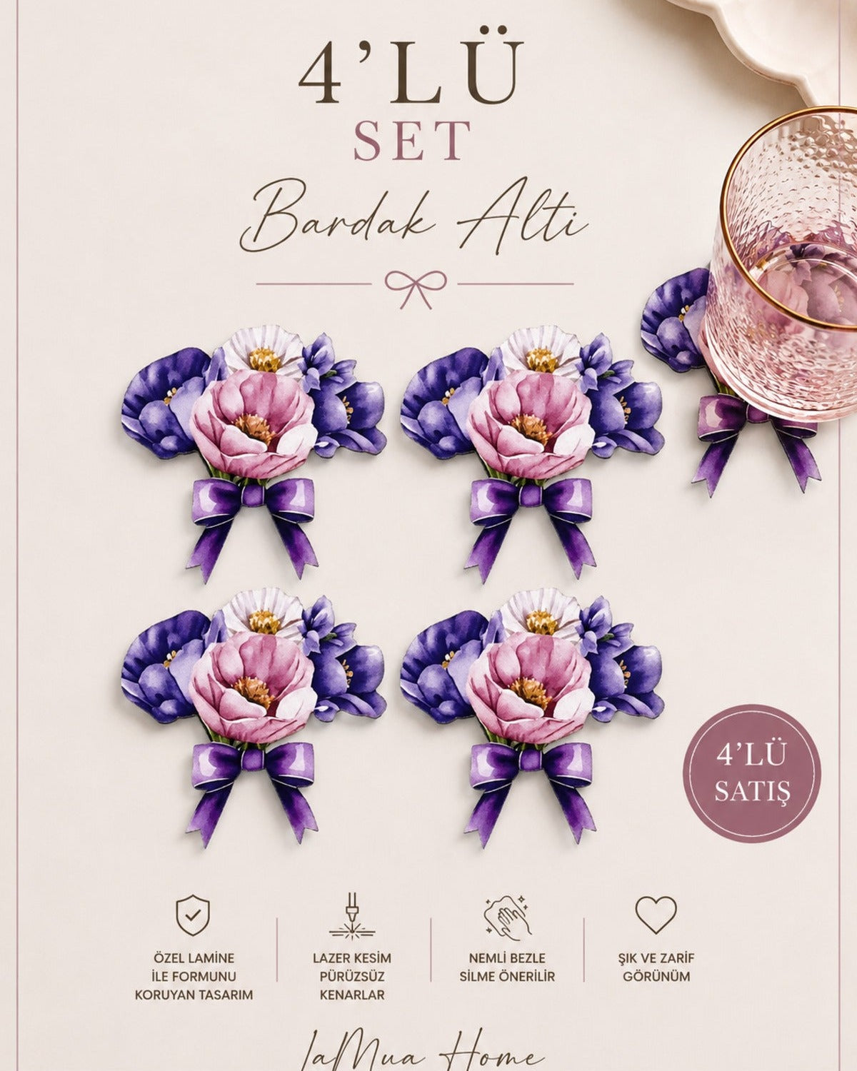 Lavender Çiçek Buketi Desenli 4 Lü Bardak Altlığı Set 15 x 15 cm -Lazer Kesim