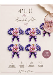 4'lü Bardak Altlığı Seti 15x15 cm, Lazer Kesim – Lavender Çiçek Buketi Desenli