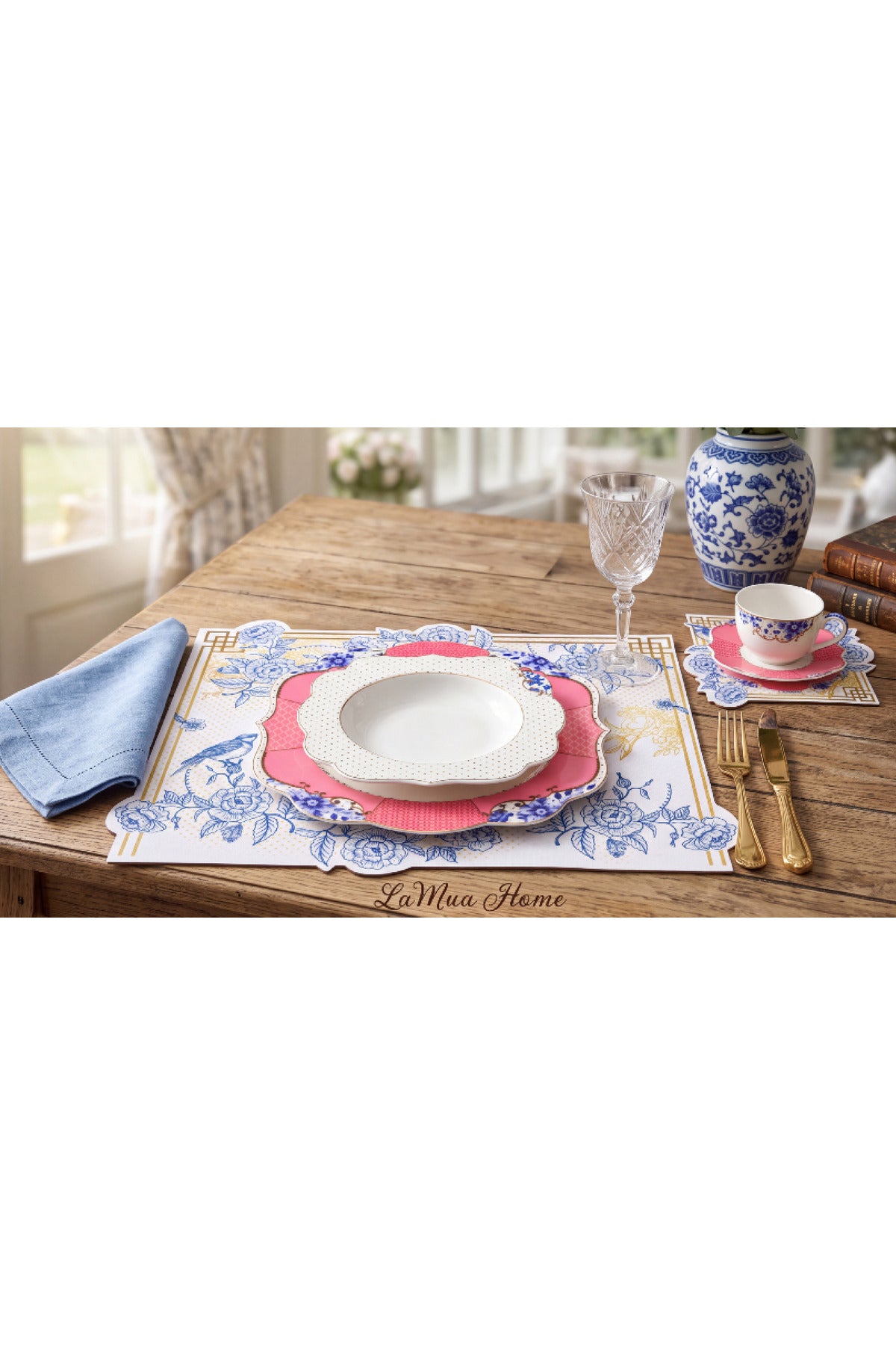 Royal Mavi Çiçek ve Kuş — Bardak Altlığı 15x15 cm — görsel 2