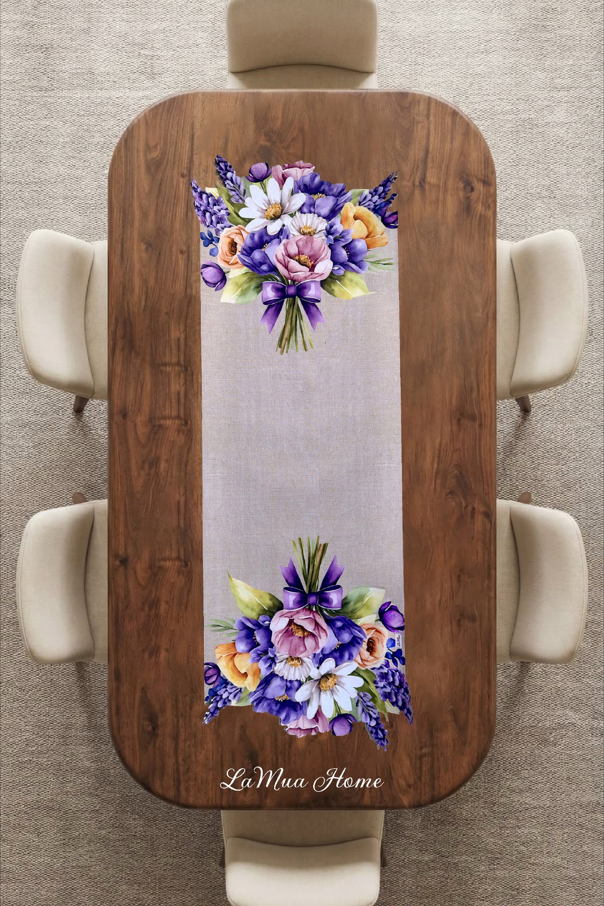 Lavender Çiçek Buketi Desenli Lamineli Cut Runner -Lazer Kesim