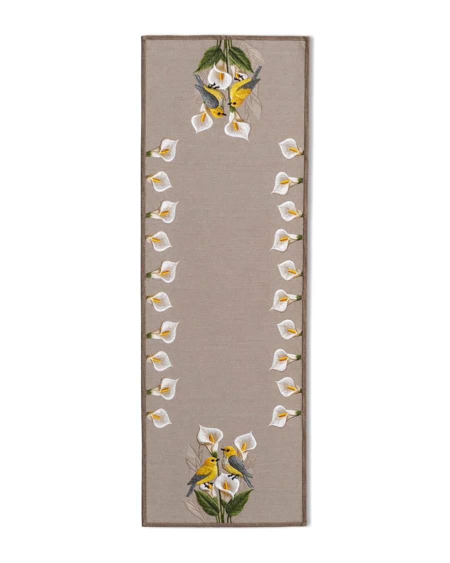 Lily Vogel & Blüten — Tischläufer 40x140 cm, fleckabweisend, abwischbar