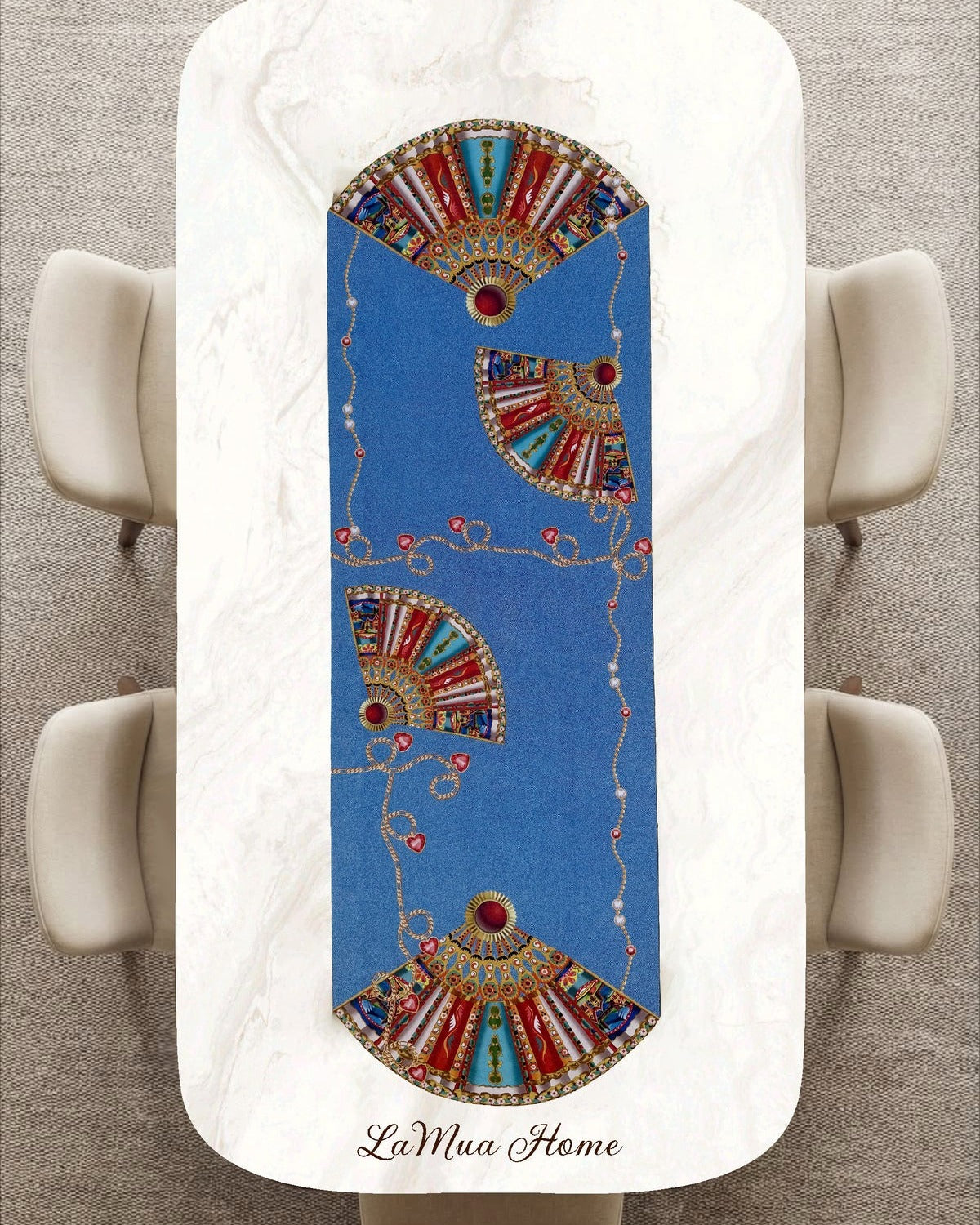Azure Yelpaze Ve Mavi Kot Desenli Lamineli CUt Runner -Lazer Kesim