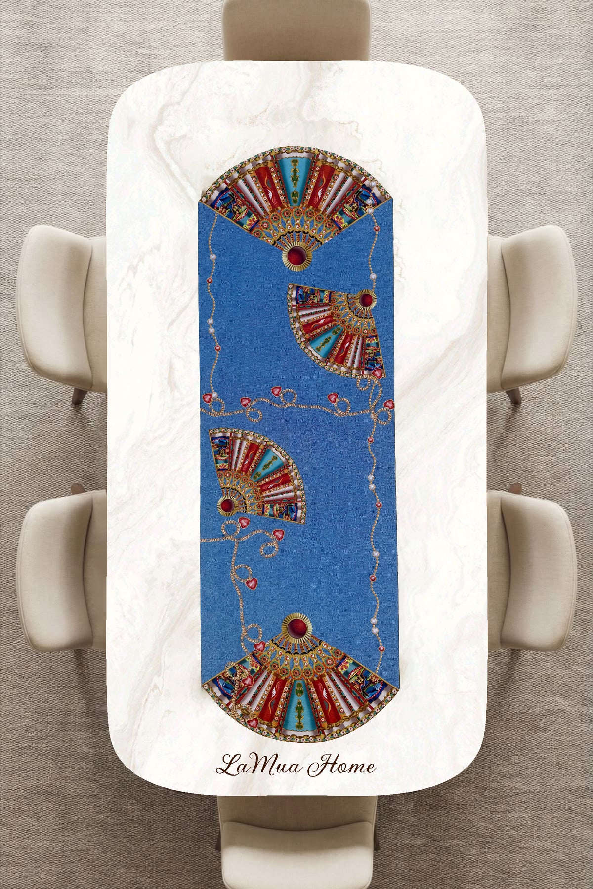 Azure Yelpaze Ve Mavi Kot Desenli Lamineli CUt Runner -Lazer Kesim