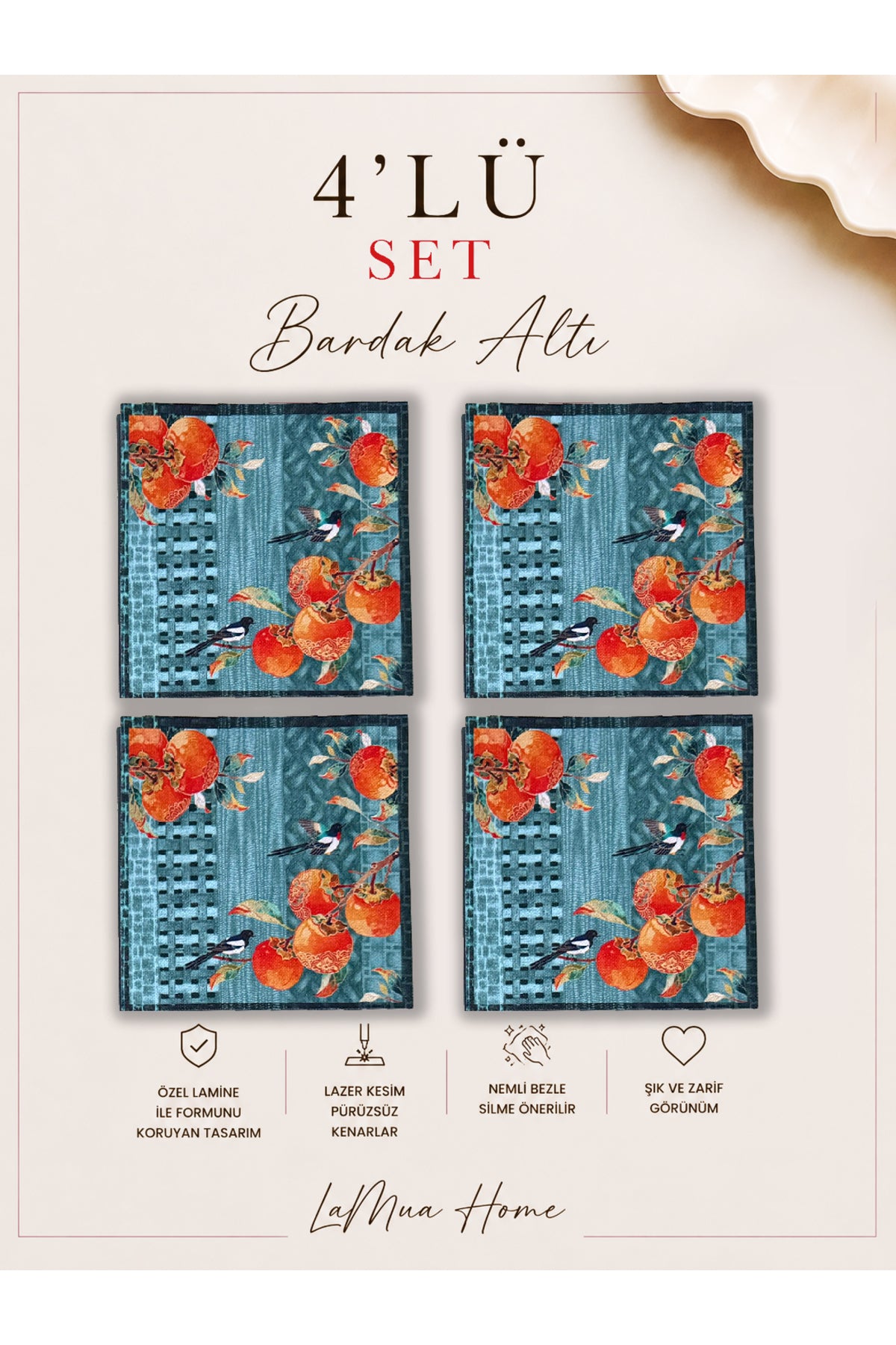 Zen Kuş ve Meyve Desenli 4 Lü Bardak Altlığı Set 15 x 15 cm -Lazer Kesim