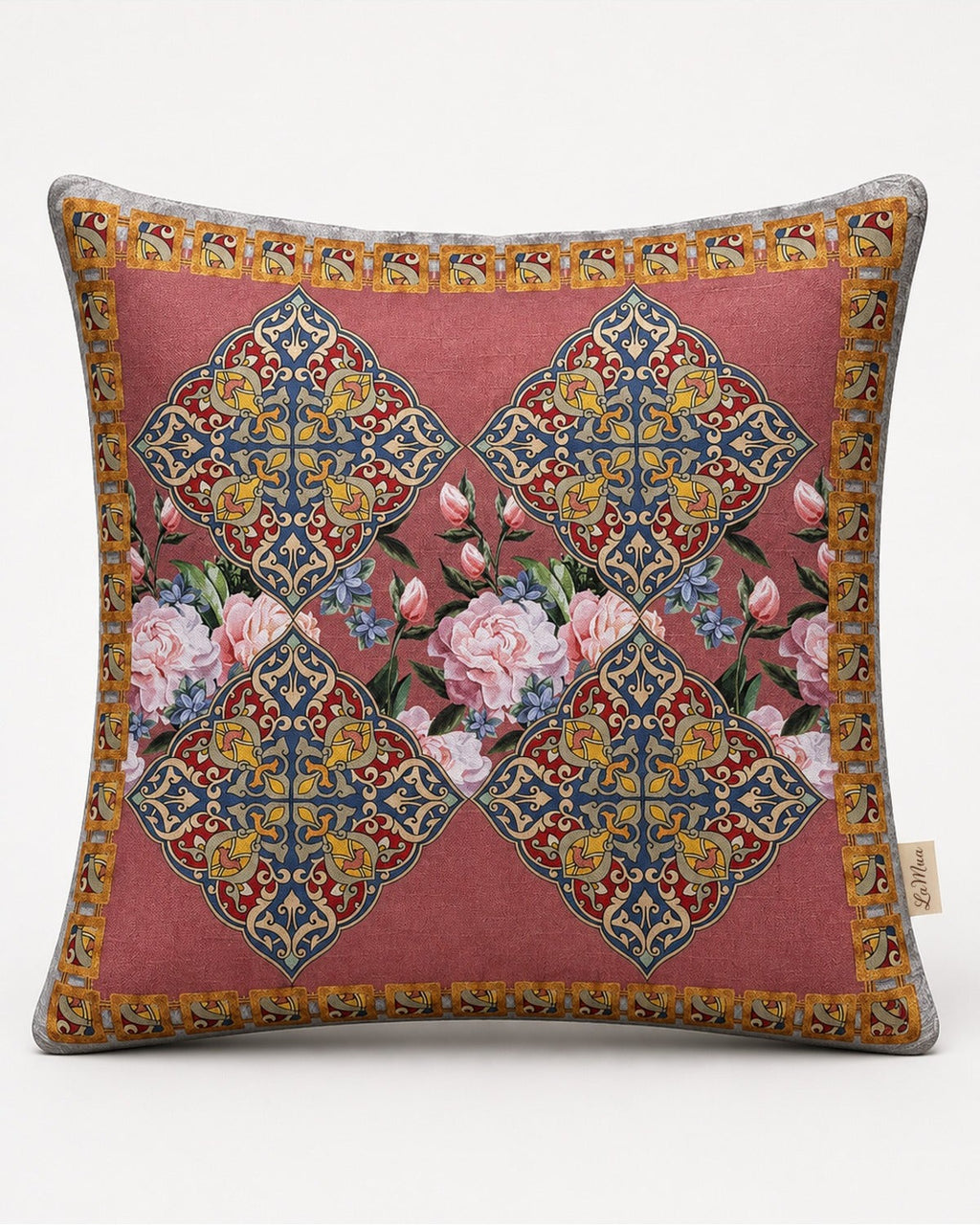 Kırlent Kılıfı 40x40 cm – Safi Çini ve Gül Desenli