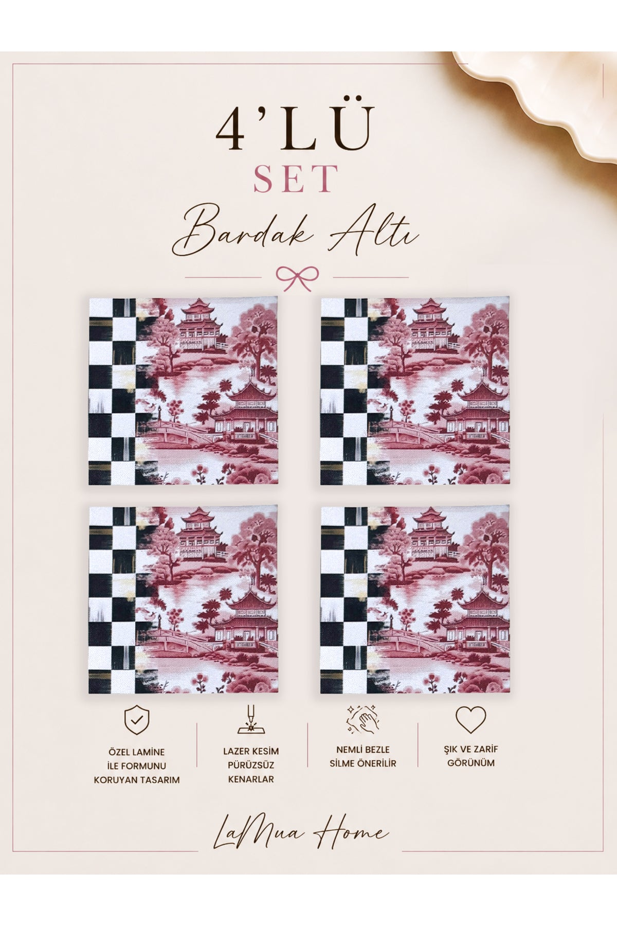 Vita Bordo Dama Ve Japon Bahçesi Desenli 4 Lü Bardak Altlığı Set 15 x 15 cm -Lazer Kesim
