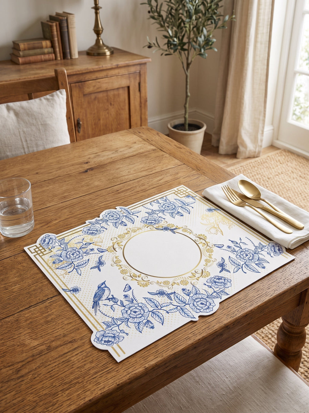 Royal Blaue Blüten & Vögel Set aus 4 Platzsets + Untersetzern – Bild 3