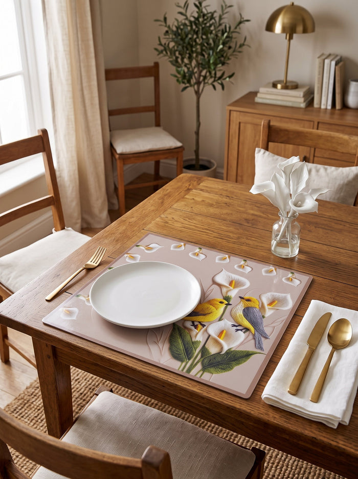 Lily Vogel & Blüten — Set aus 4 Platzsets + Untersetzern, abwischbar