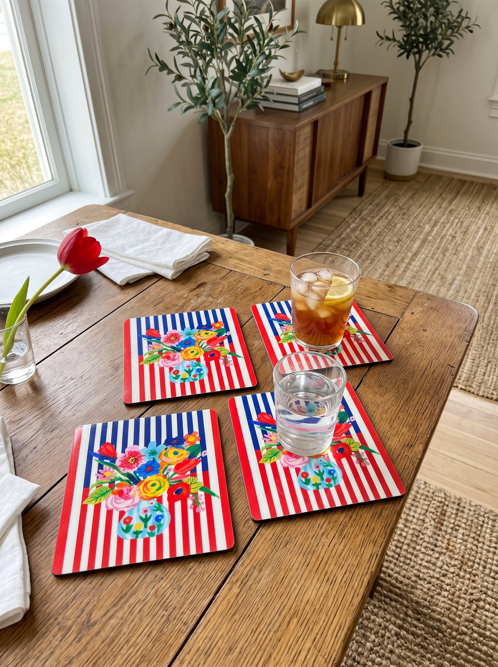 Viva Striped Floral — Set of 4 Placemats + Coasters, Wipe-Clean — image 4