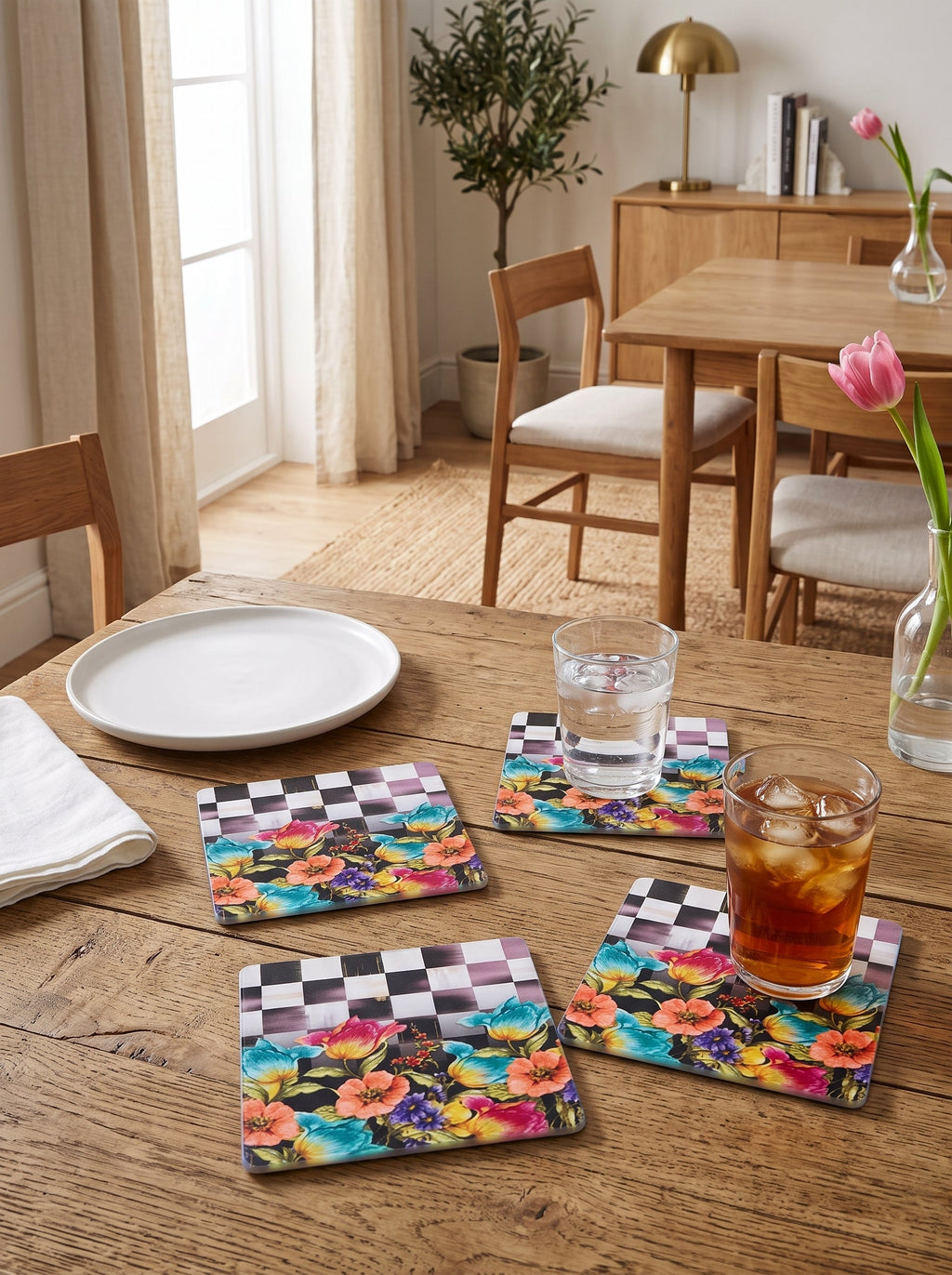 Dama Checkerboard Floral Set of 4 Placemats + Coasters – image 5