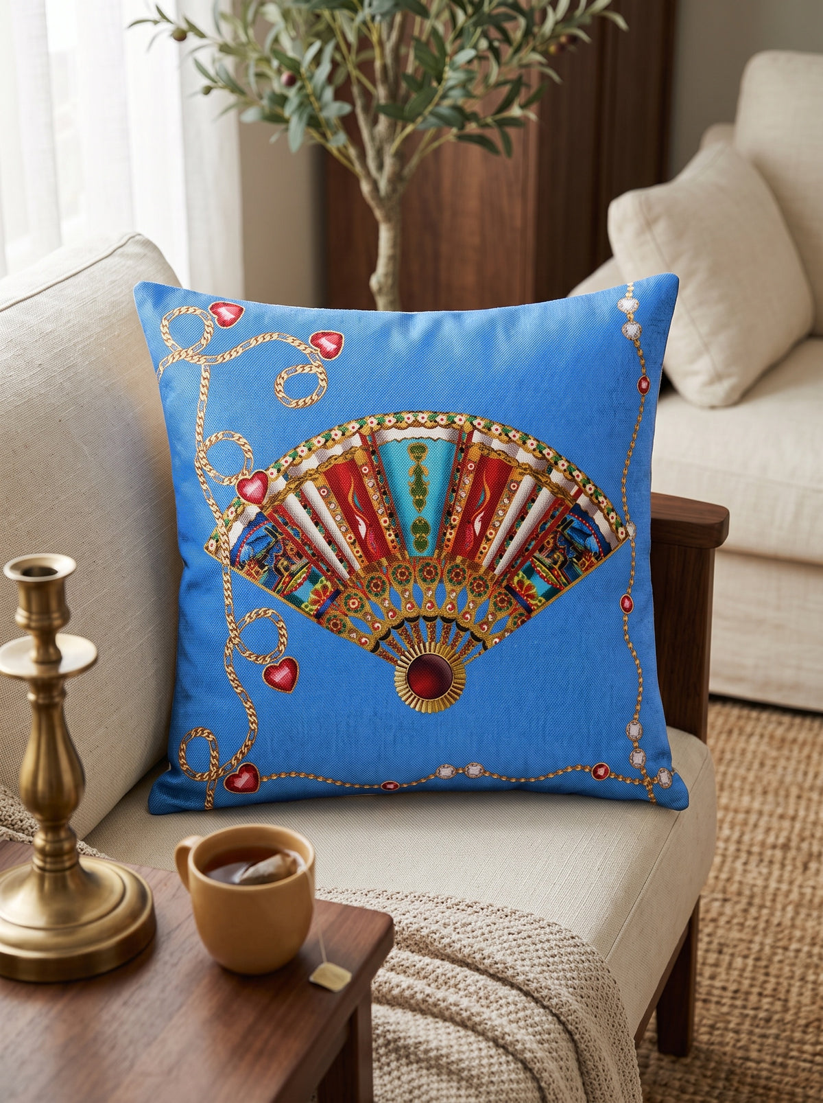 Azure Yelpaze ve Mavi Kot — Kırlent Kılıfı 40x40 cm, Fermuarlı — görsel 1