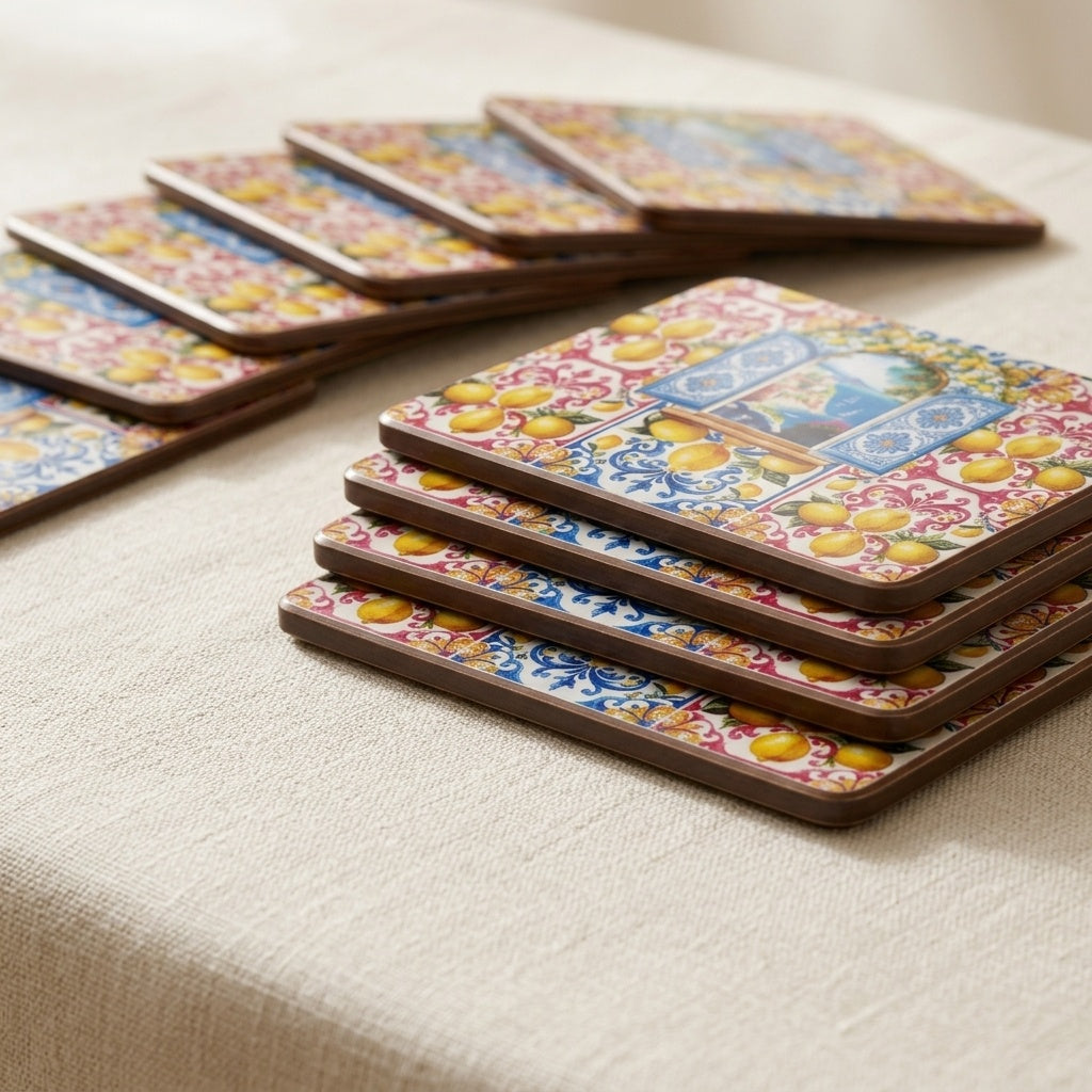 Amalfi limon ve pencere desenli 15x15 cm bardak altligi seti
