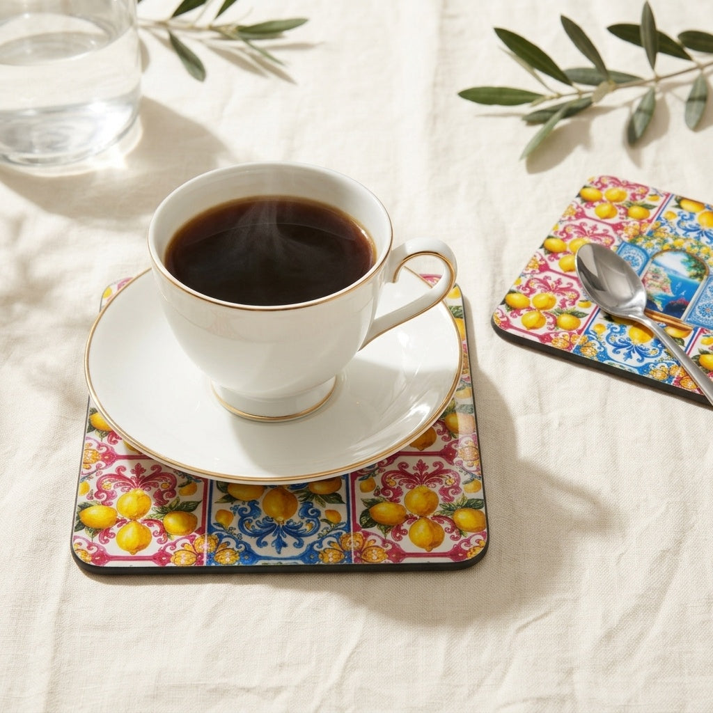 Amalfi limon ve pencere desenli 15x15 cm bardak altligi seti