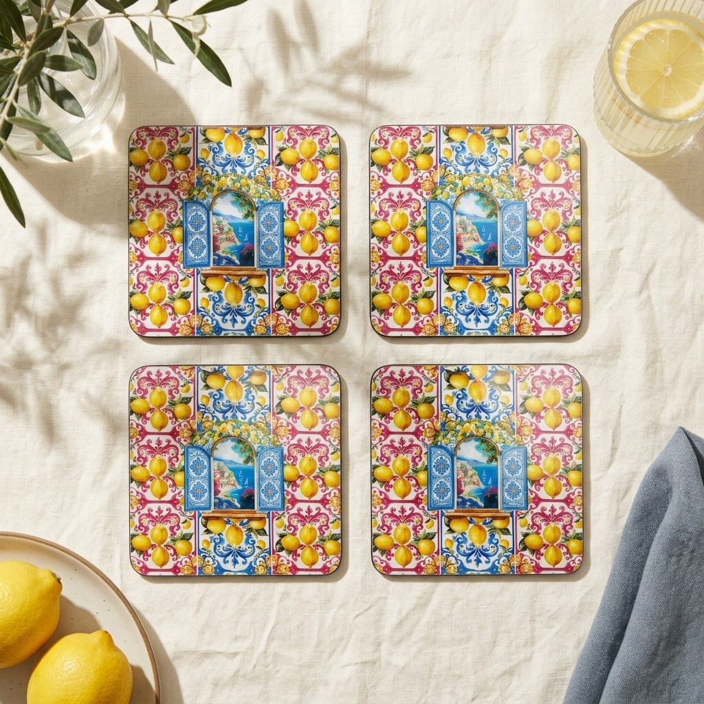 Amalfi limon ve pencere desenli 15x15 cm bardak altligi seti