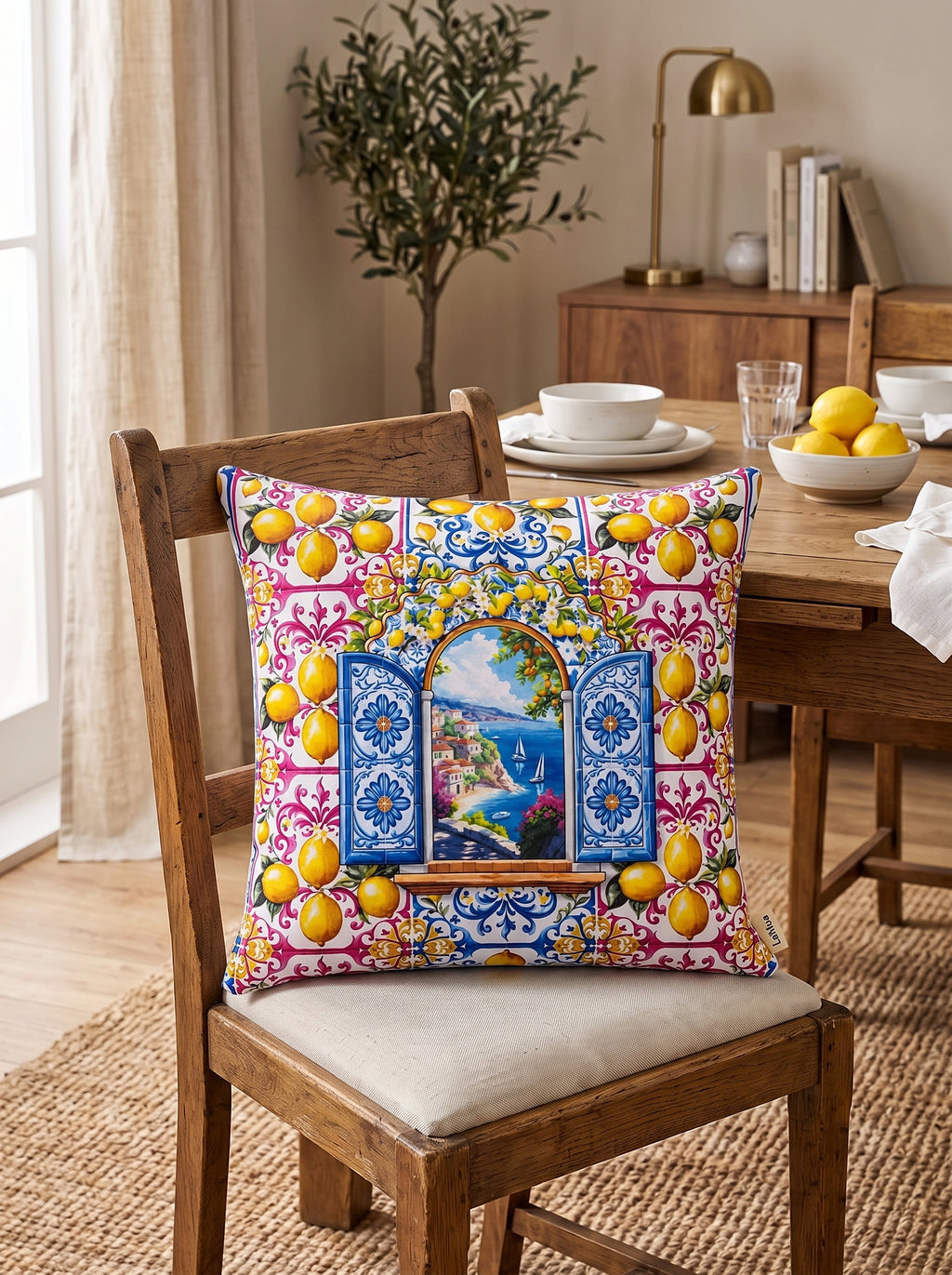 Amalfi Lemons & Window set of 2 cushion covers – in a living room