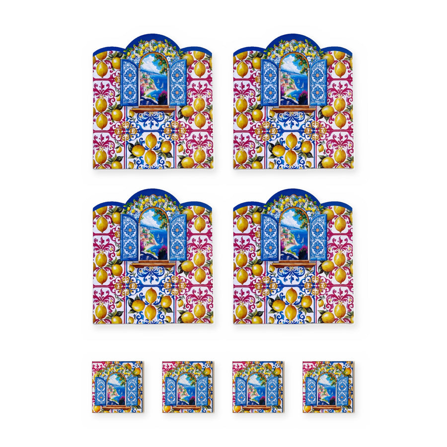 Amalfi Zitronen & Fenster — Set aus 4 Platzsets + Untersetzern