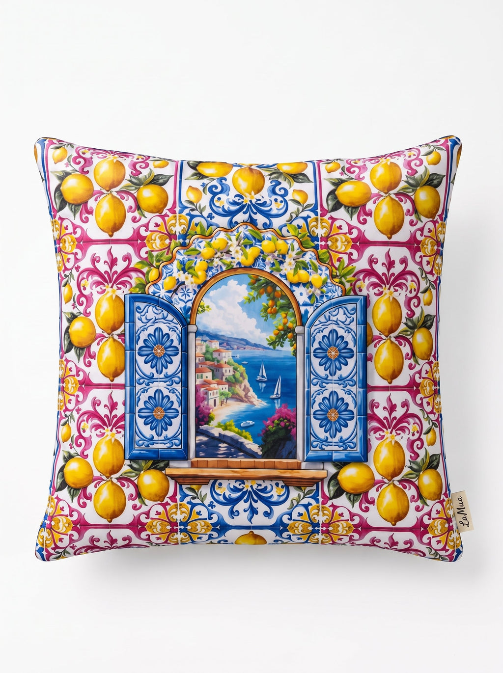 Amalfi Lemons & Window set of 4 cushion covers – on a white background
