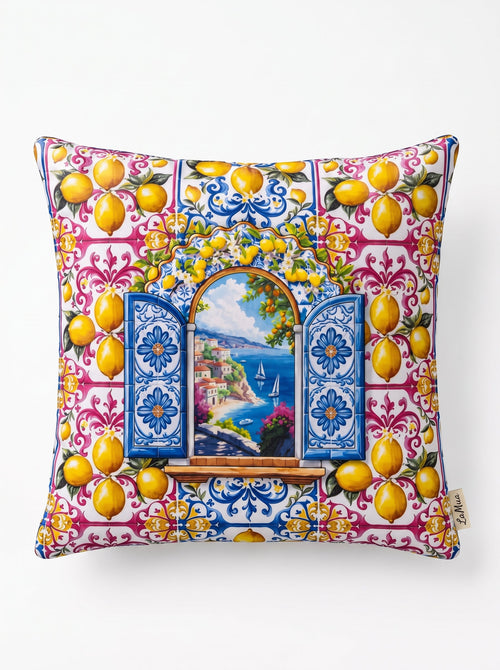 Amalfi Limon ve Pencere 4’lü kırlent kılıfı seti – beyaz fonda