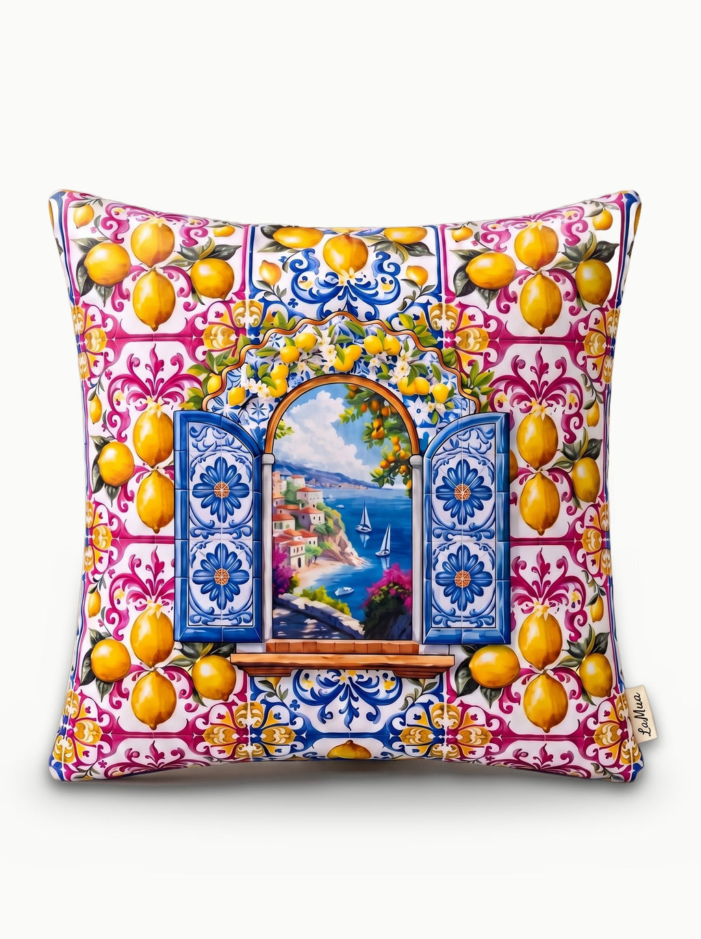 Amalfi Lemons & Window set of 4 cushion covers – studio view 2