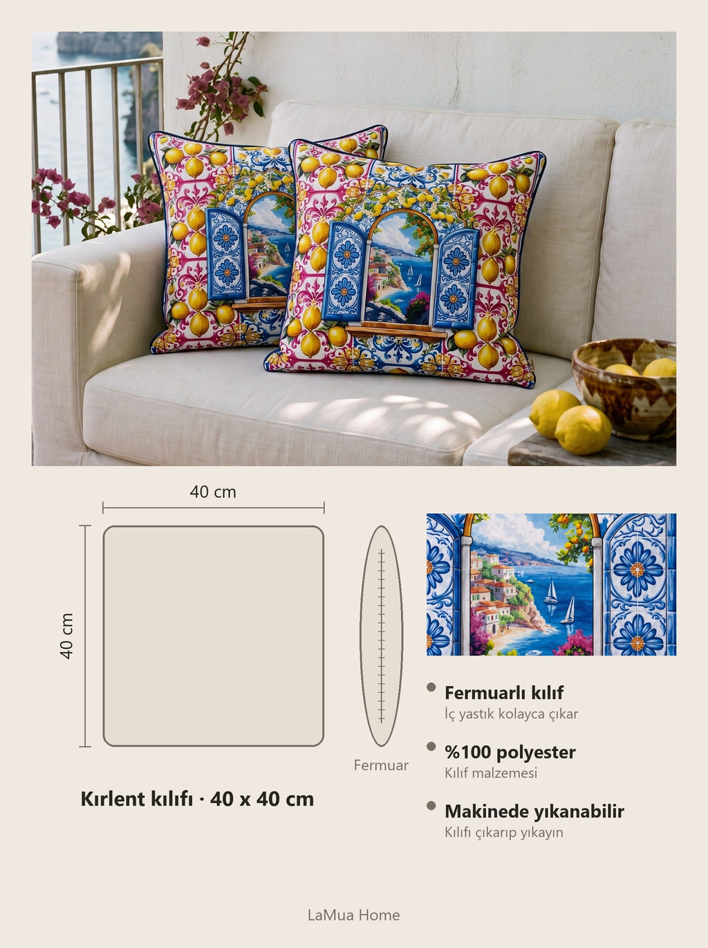 Amalfi Lemons & Window set of 4 cushion covers – size card 40x40 cm