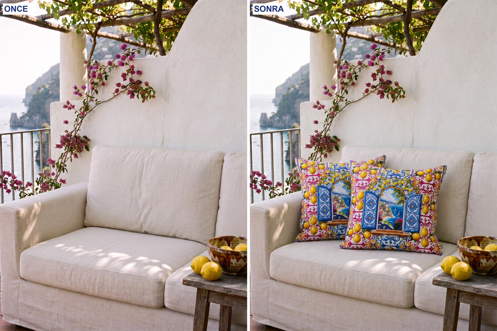 Amalfi Limon ve Pencere — 4’lü Kırlent Kılıfı Seti 40x40 cm, Fermuarlı — kullanım görseli