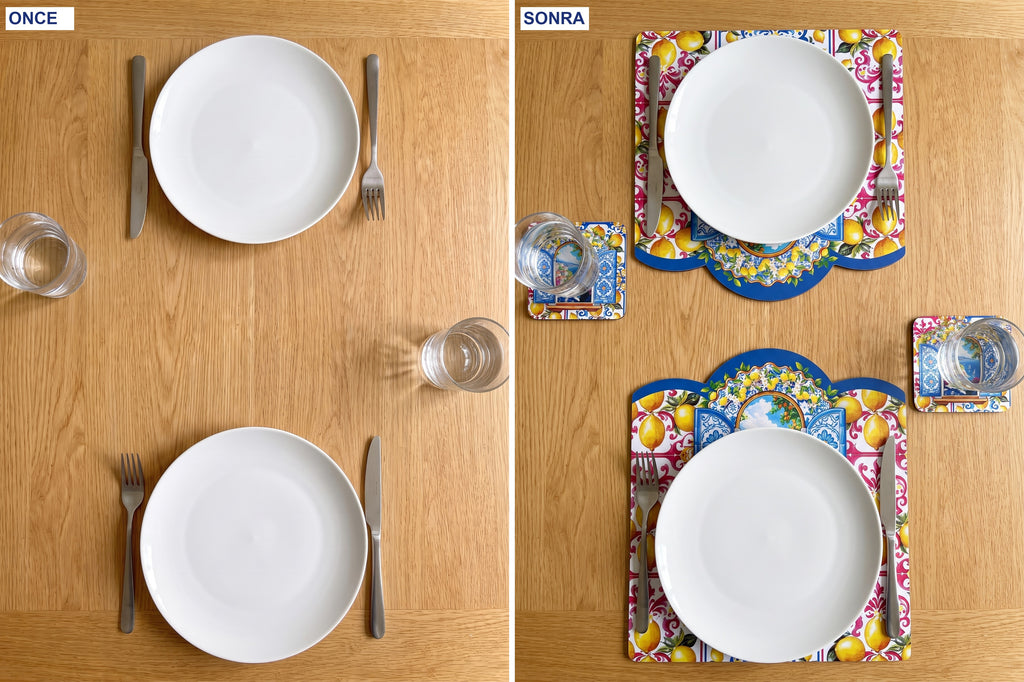 Amalfi Limon ve Pencere — 4’lü Supla + Bardak Altlığı Seti — kullanım görseli
