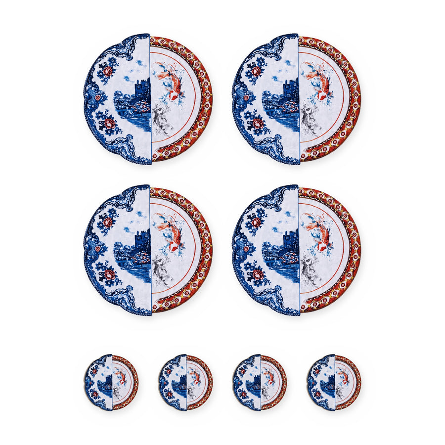 Asia Porzellanteller — Set aus 4 Platzsets + Untersetzern, abwischbar