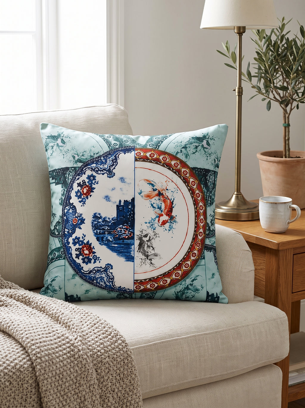 Asia Porzellanteller 2er-Set Kissenbezüge – Nahansicht auf dem Sofa