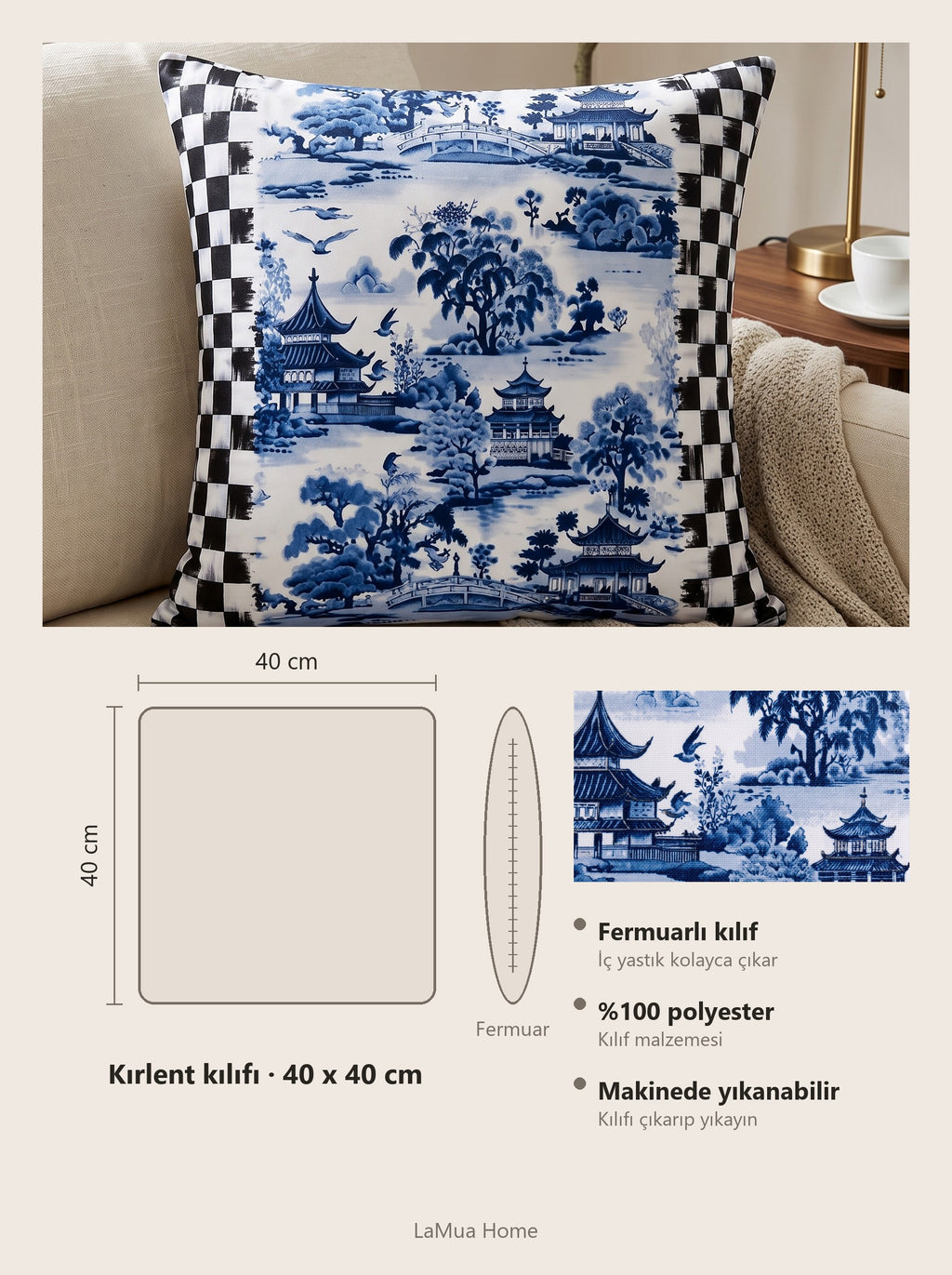 Aster Schachbrett & Japanischer Garten 2er-Set Kissenbezüge – Maßkarte 40x40 cm