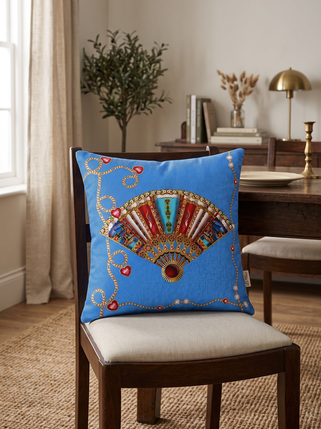 Azure Fan & Denim Blue set of 2 cushion covers – in a living room