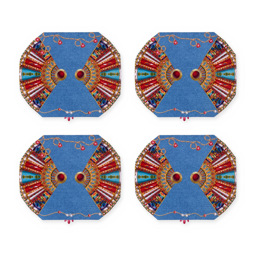 Azure Fächer & Denimblau — 4er-Set Platzsets, abwischbar