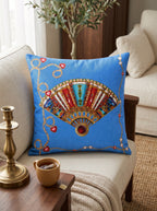 Azure Fan & Denim Blue set of 2 cushion covers – close-up on a sofa