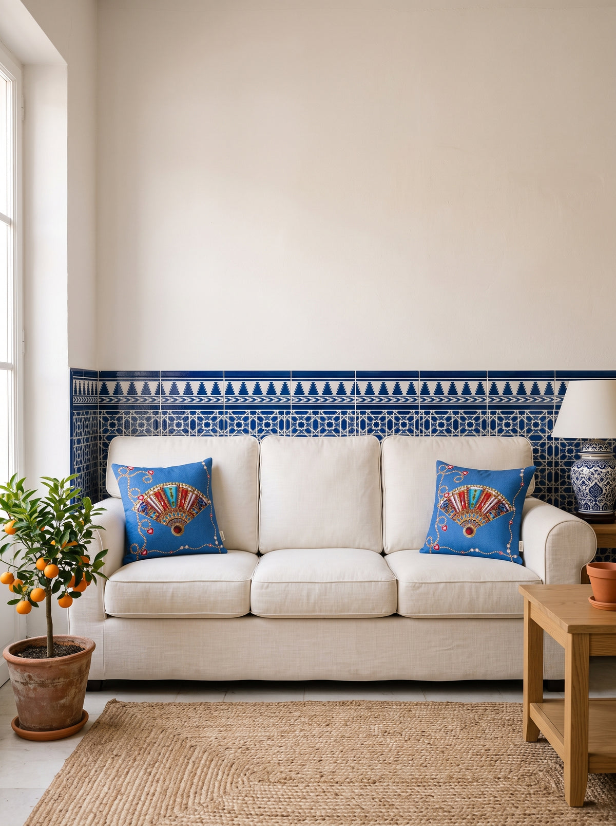 Azure Fan & Denim Blue set of 2 cushion covers – two cushions on a sofa