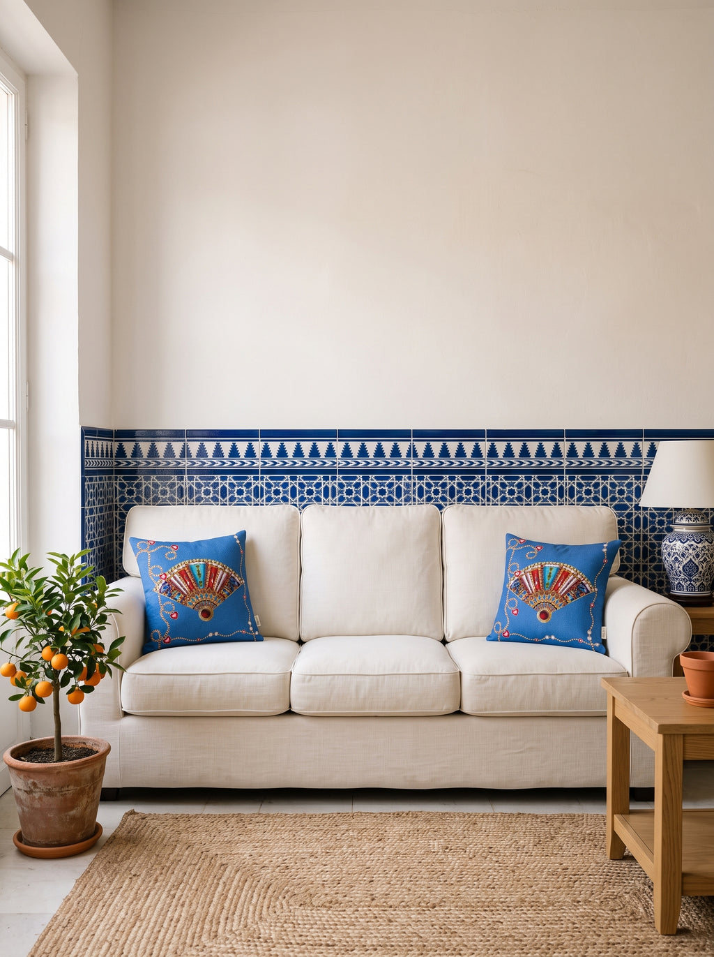 Azure Fan & Denim Blue set of 2 cushion covers – two cushions on a sofa