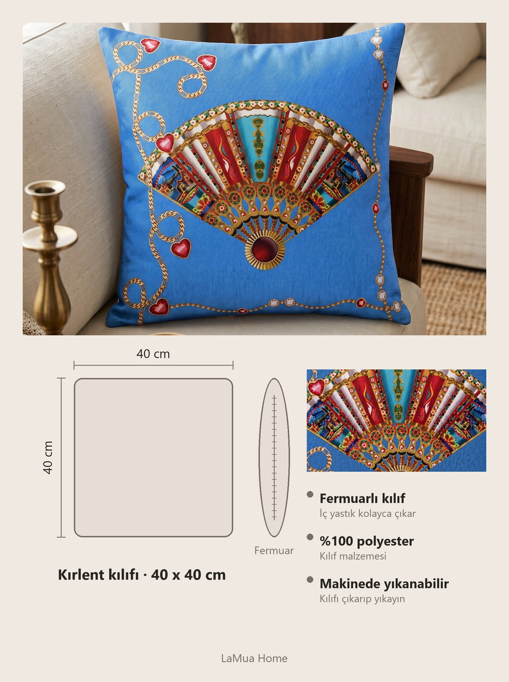 Azure Fächer & Denimblau 4er-Set Kissenbezüge – Maßkarte 40x40 cm