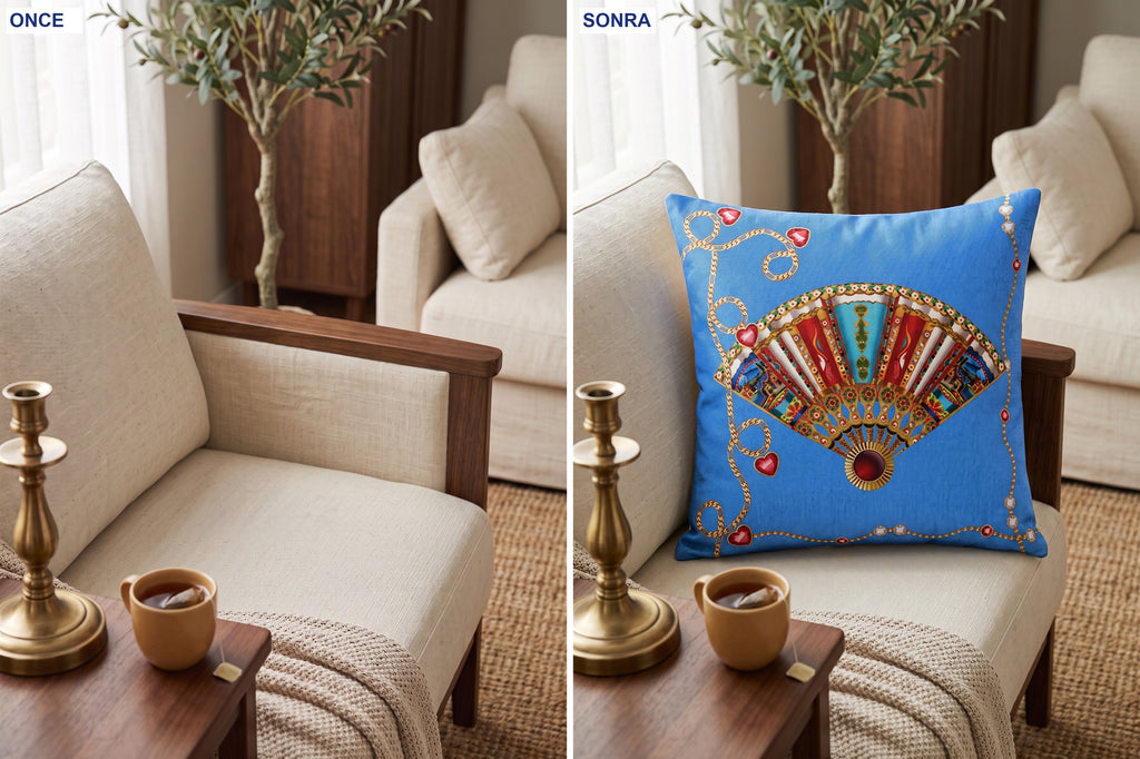 Azure Yelpaze ve Mavi Kot — 4’lü Kırlent Kılıfı Seti 40x40 cm, Fermuarlı — kullanım görseli