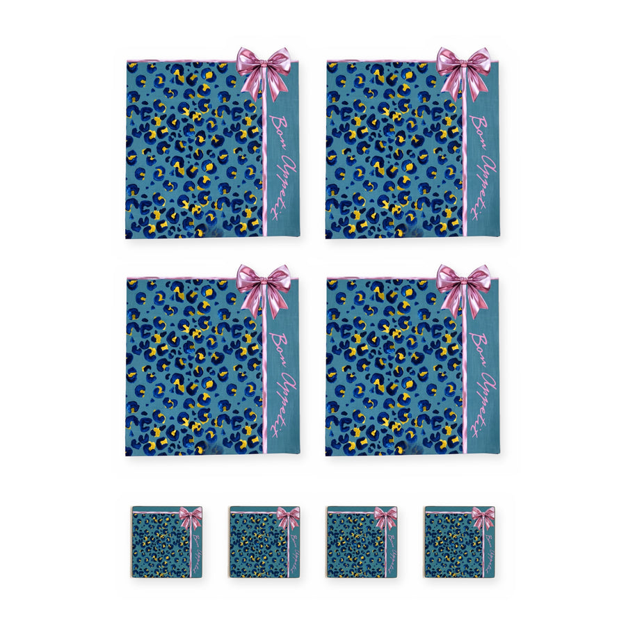 Bella Leopard & Schleife — Set aus 4 Platzsets + Untersetzern, abwischbar