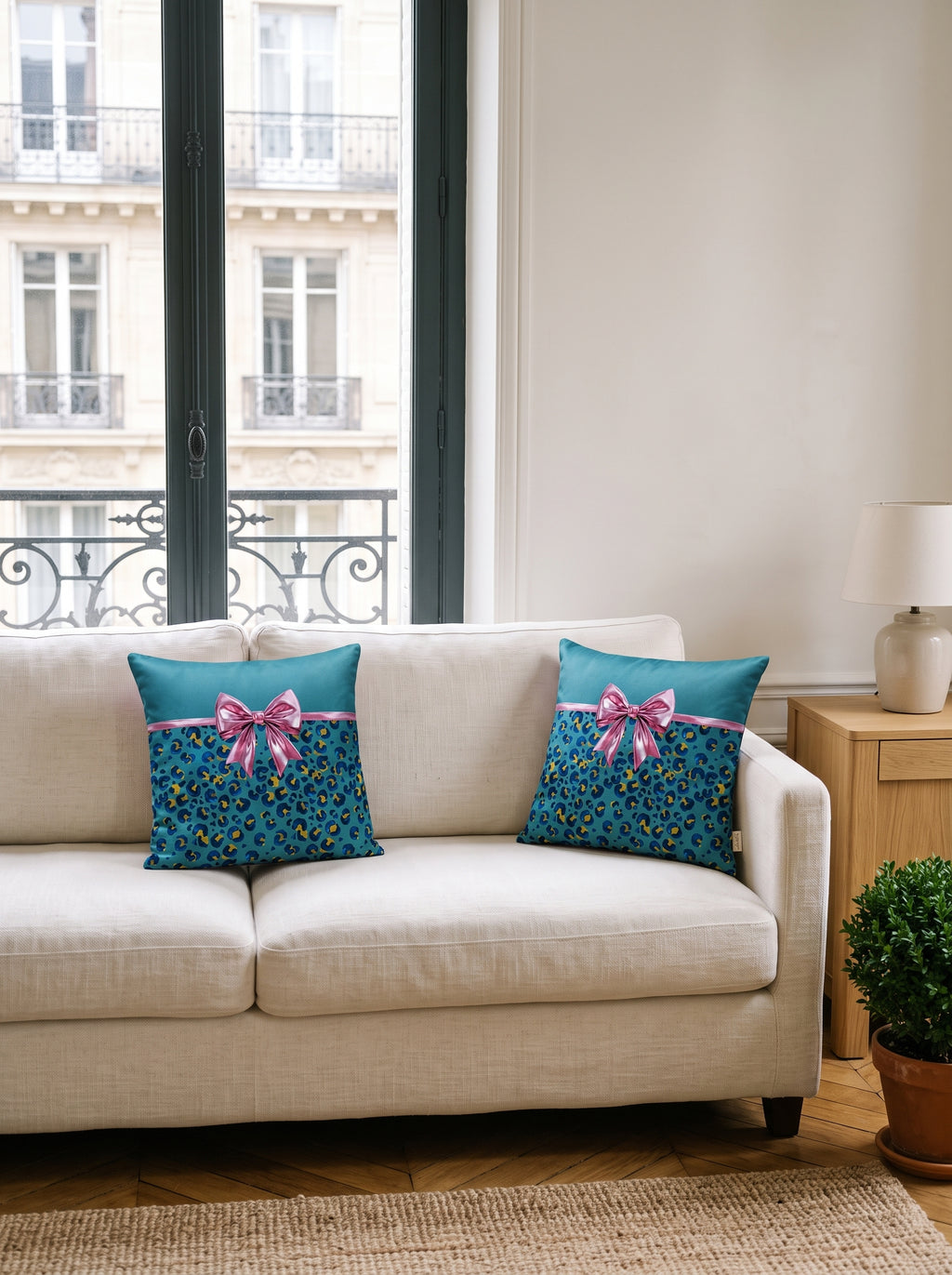 Bella Leopard & Schleife 2er-Set Kissenbezüge – zwei Kissen auf dem Sofa