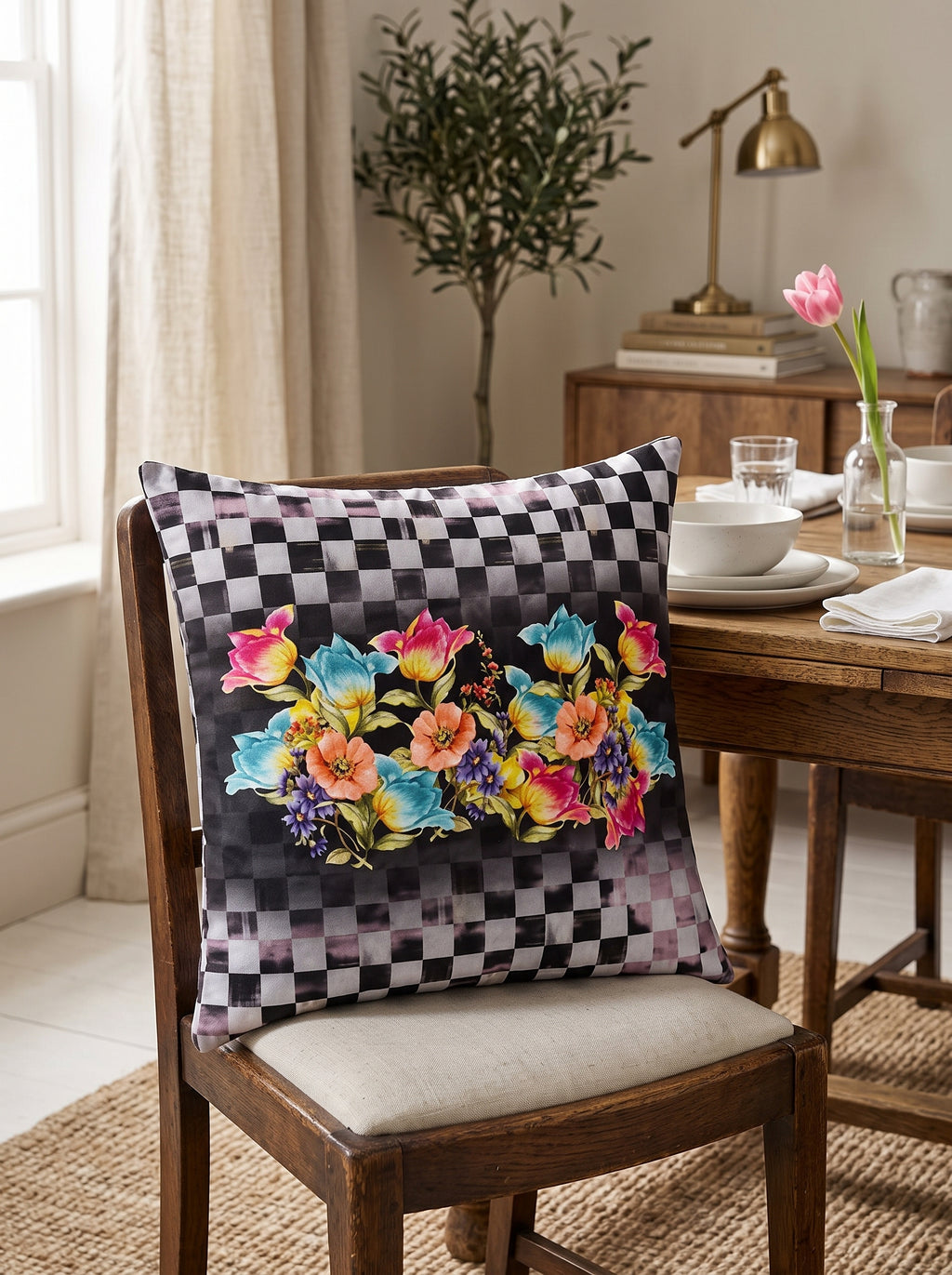 Dama Checkerboard Floral set of 2 cushion covers – in a living room