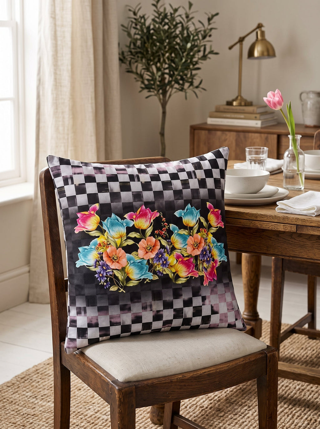 Dama Checkerboard Floral set of 4 cushion covers – in a living room
