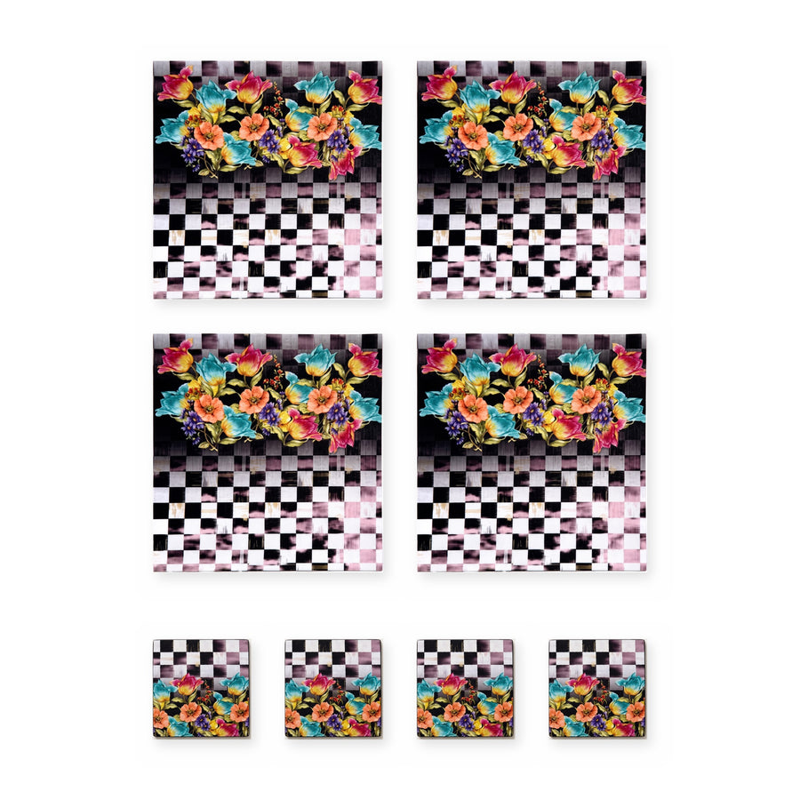 Dama Checkerboard Floral — Set of 4 Placemats + Coasters, Wipe-Clean