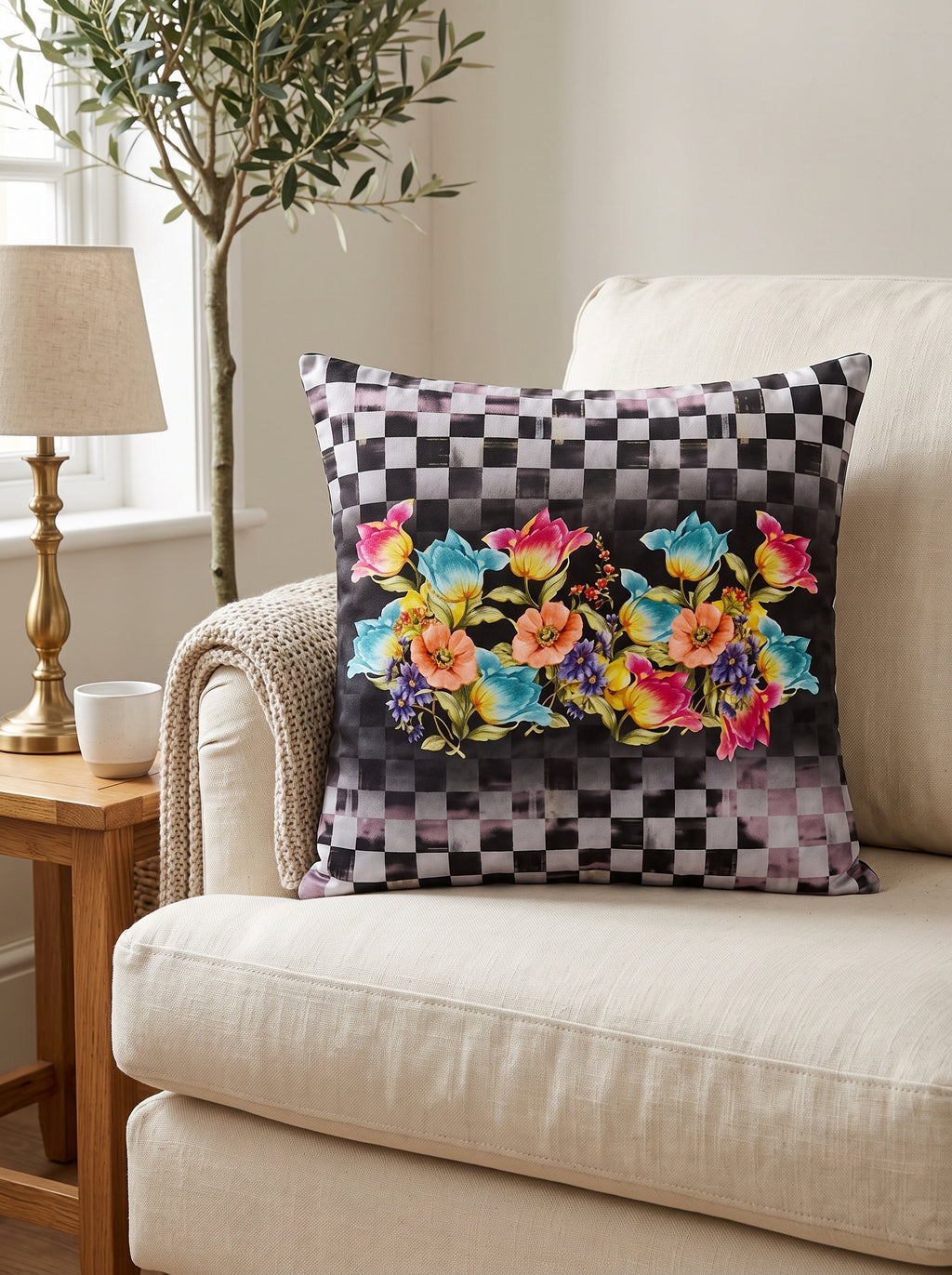 Dama Checkerboard Floral set of 2 cushion covers – close-up on a sofa