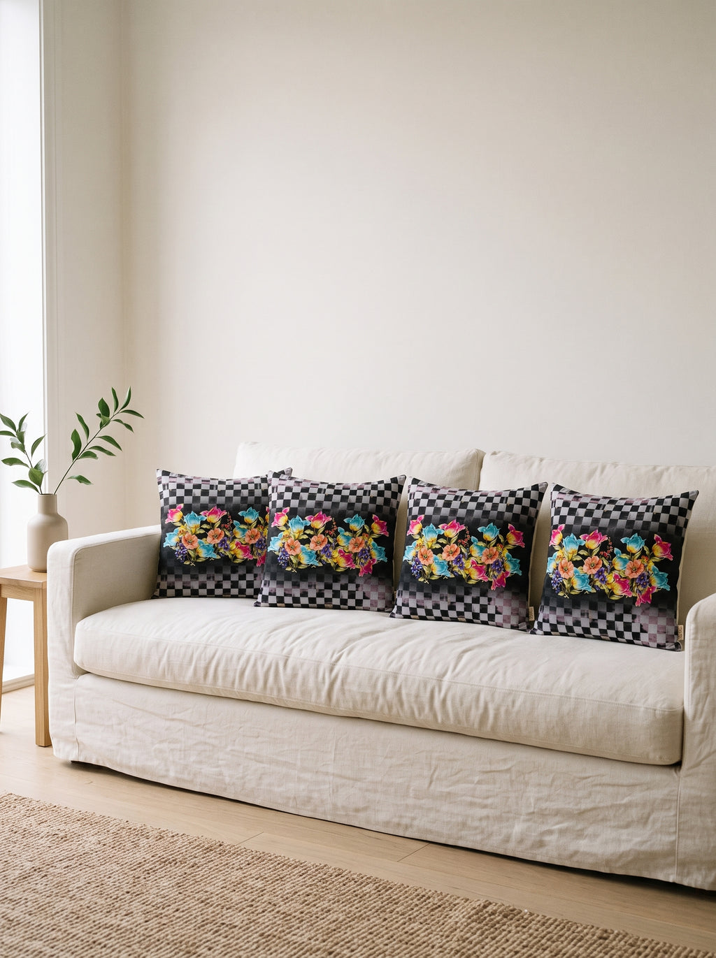 Dama Checkerboard Floral set of 4 cushion covers – four cushions on a sofa