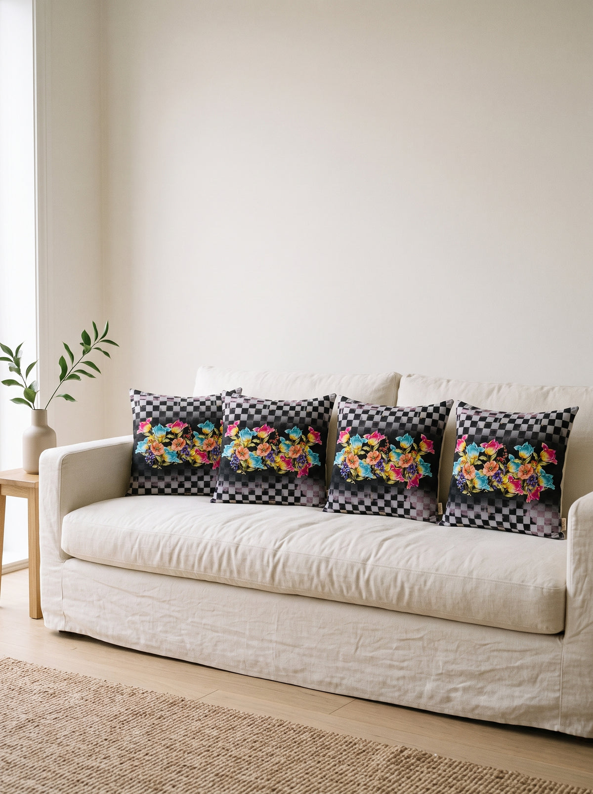 Dama Checkerboard Floral — Set of 4 Cushion Covers 40x40 cm, Zippered, Stain-Resistant