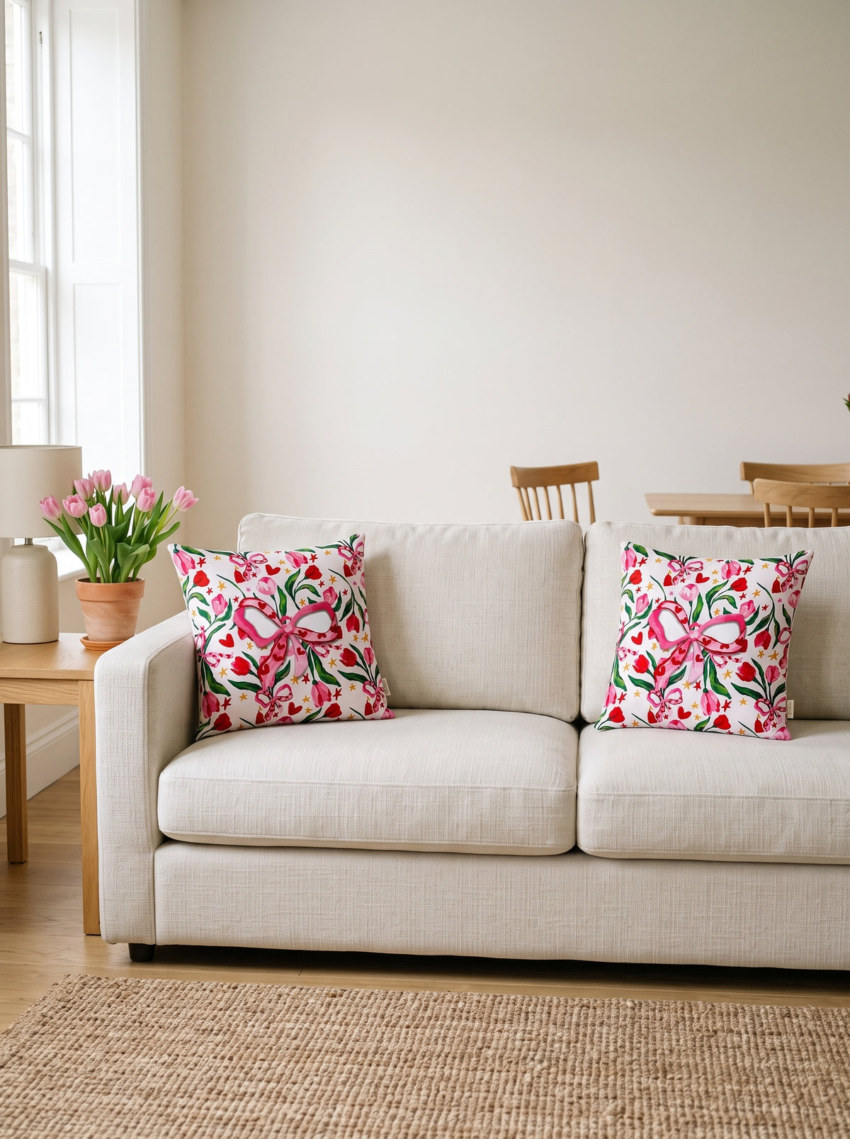 Fiora Bow & Floral — Set of 2 Cushion Covers 40x40 cm, Double-Sided