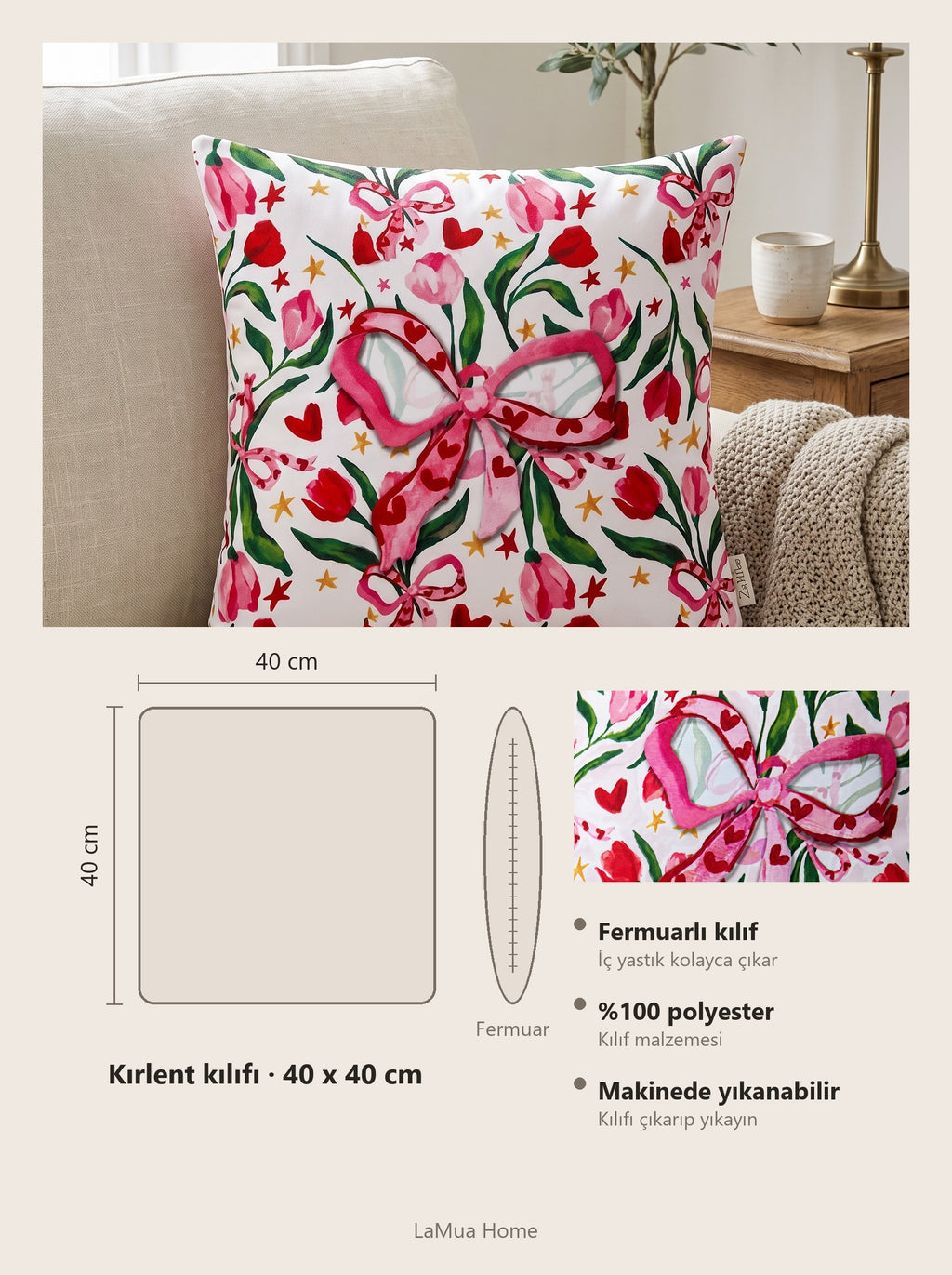 Fiora Bow & Floral set of 2 cushion covers – size card 40x40 cm
